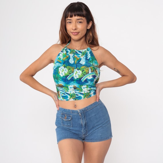 Hawaiian Halter Top 60s Tropical Print Crop Blue White Flowers Waterfall Beach Palm Trees Backless Tie Back Bohemian  Small S