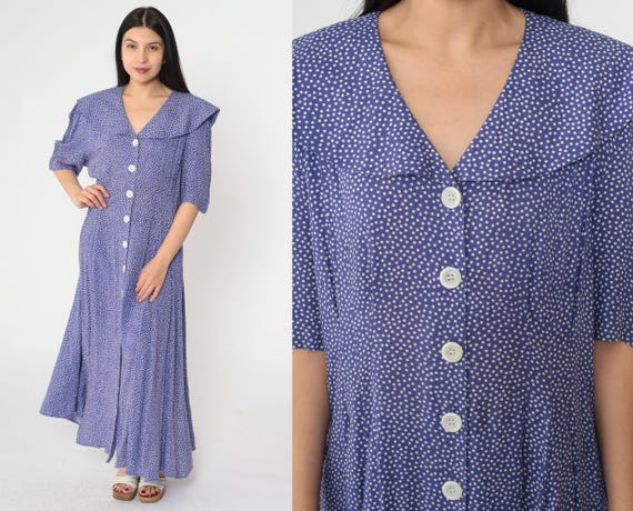 Robe Chemise Vintage Années 70 à Pois Blanc Et Bleu Marine - Coton, Taille M, état Parfait