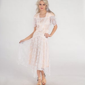 Vintage 80s Gunne Sax Dress Lace Midi Party Jessica McClintock Blush White Floral Hanky Handkerchief Hem Wedding Bridal Gown Formal 1980s XS