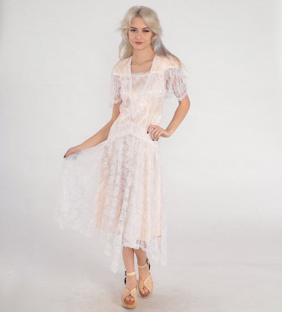 Vintage 80s Gunne Sax Dress Lace Midi Party Jessica McClintock Blush White Floral Hanky Handkerchief Hem Wedding Bridal Gown Formal 1980s XS