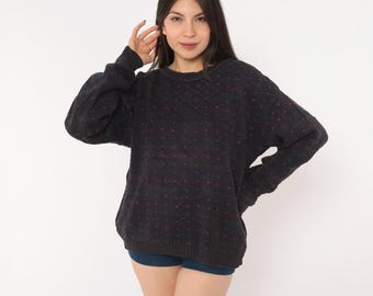 80s Eddie Bauer Sweater Blue Black Knit Pullover Multicolor Dot Diamond Pattern Long Sleeve Grandpa Preppy Dark Academia Unisex Medium M