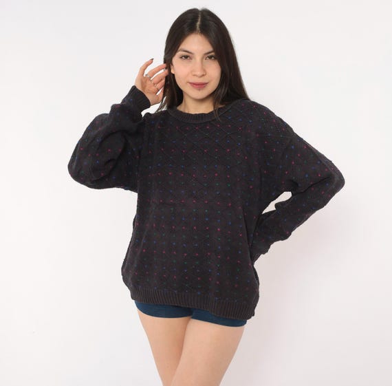 80s Eddie Bauer Sweater Blue Black Knit Pullover Multicolor Dot Diamond Pattern Long Sleeve Grandpa Preppy Dark Academia Unisex Medium M
