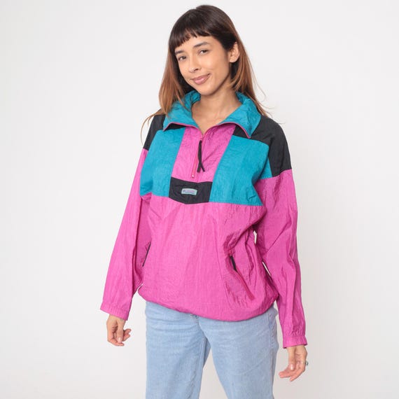 90s Columbia Windbreaker Colorful Color Block Pink Turquoise Black Pullover Half Zip Athletic Jacket Vintage Gorpcore Streetwear Medium M