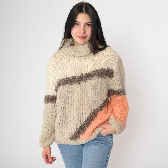 80s Color Block Sweater Turtleneck Color Block Sweater Beige Sheer Openwork Knit Acrylic Wool Geometric Pullover 1980s Vintage Retro Small