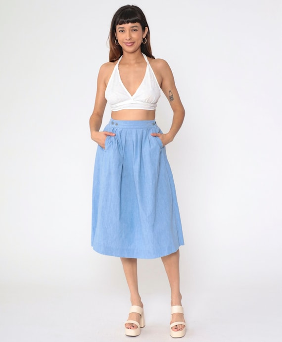 90s Chambray Skirt Blue Midi Skirt Pleated Pocket Skirt Summer Boho High Waisted 1990s Long Vintage American Eagle Outfitters Medium 8