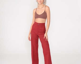 70s Red Flared Pants Vintage High Waisted Creased Trousers Boho Hippie Slacks 1970s Bohemian Extra Small xs 24