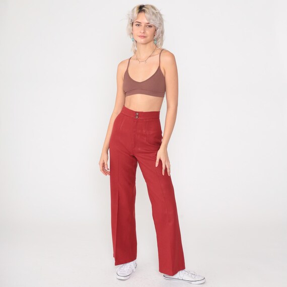 70s Red Flared Pants Vintage High Waisted Creased Trousers Boho Hippie Slacks 1970s Bohemian Extra Small xs 24