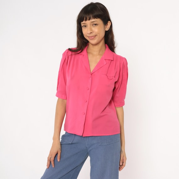 80s Hot Pink Blouse Button Front Power Dressing Secretary Top Magenta Fuchsia Barbiecore Vintage Office Shirt Bright Summer Spring Medium M