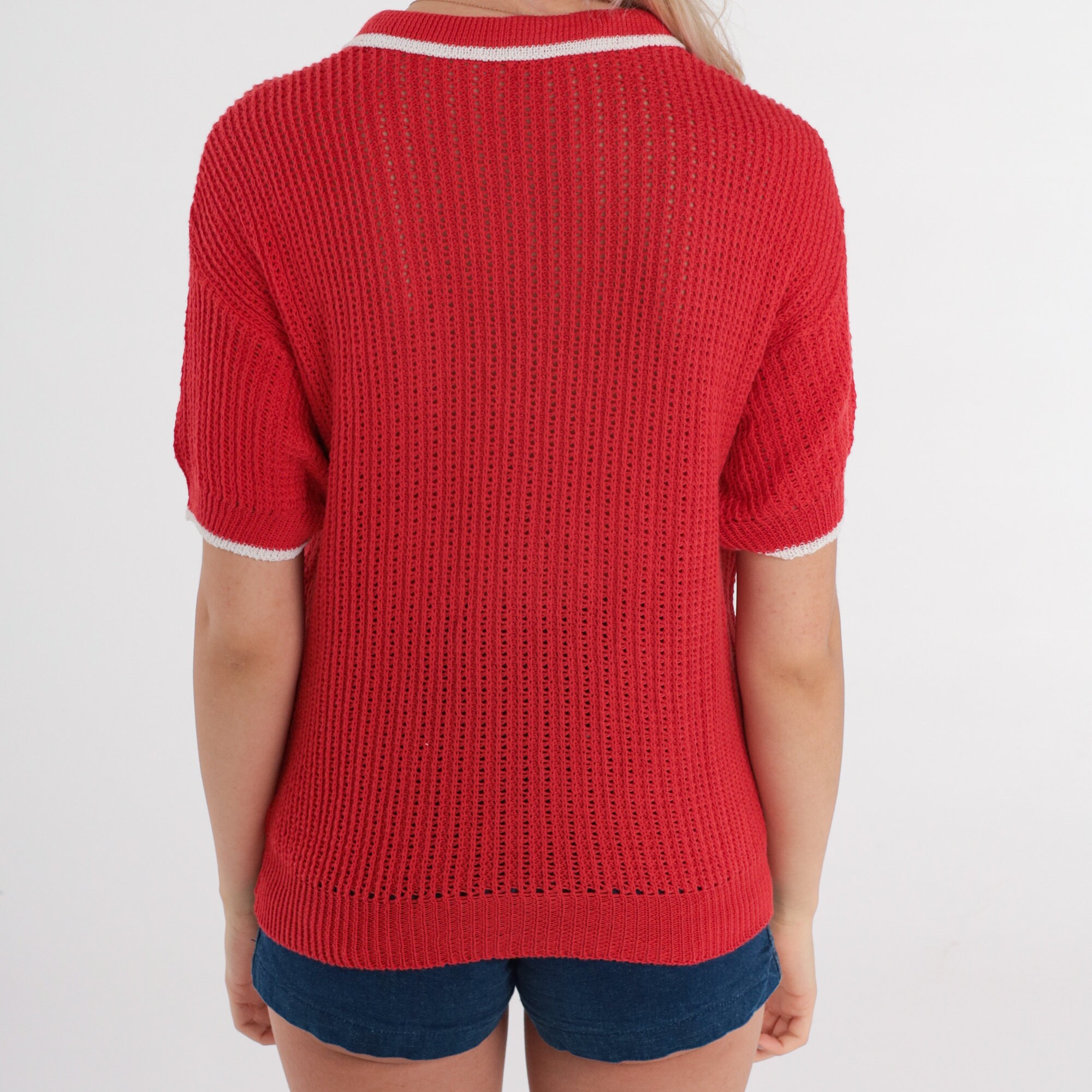 Red Knit Polo Shirt 80s Semi-Sheer Top Pointelle Cutout Retro Short ...