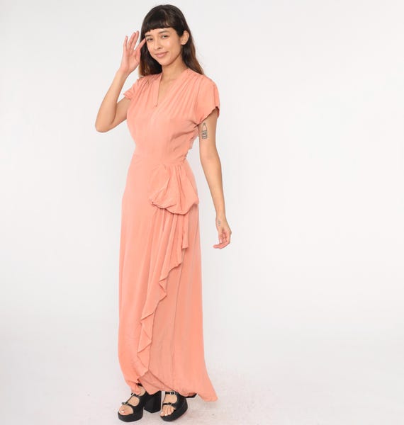 Vintage 1940s Peach Pink Gown WWII Flutter Sleeve Dress Draped Detail Maxi Length Evening Gown Metal Side Zip Small S