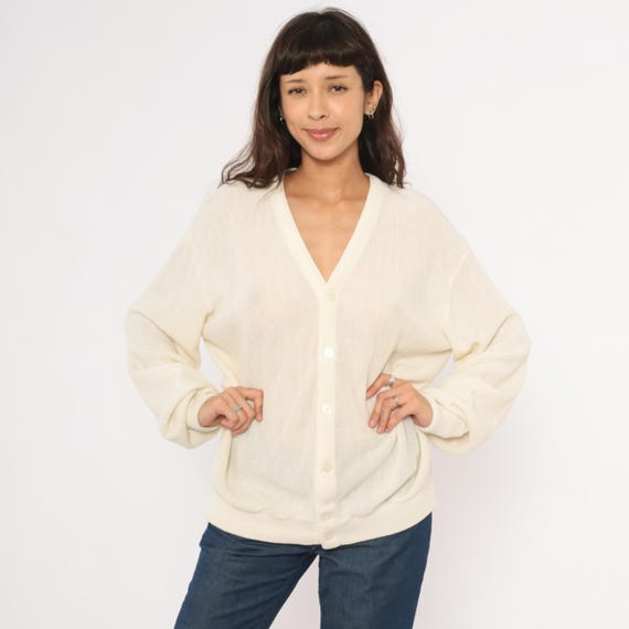 80s Sheer Knit Cardigan Jantzen Ivory Sweater Cream White Relaxed Fit Long Sleeve Layering Top Minimal Vintage Off White Grandpacore Large L