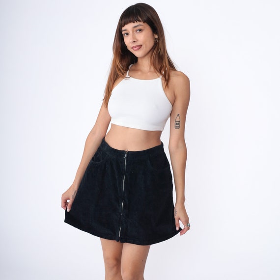 Corduroy Mini Skirt Black Exposed Zipper Skirt Y2K High Waisted A Line Skirt Retro Plain Zip Up Solid Vintage Medium Large 30