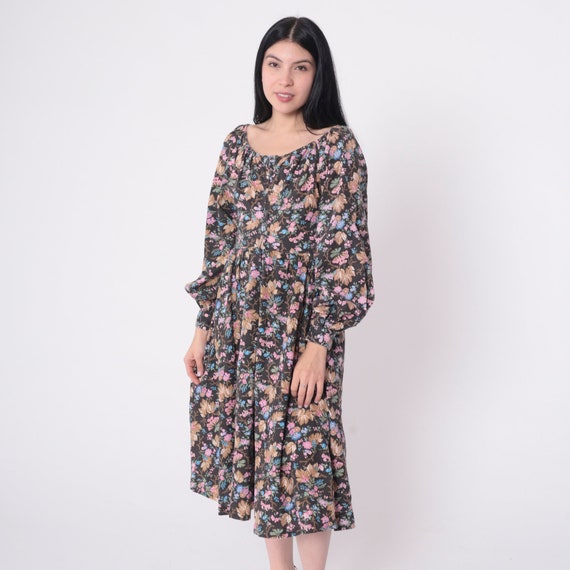 70s Boho Dress Brown Floral Peasant Dress Midi Bo… - image 3