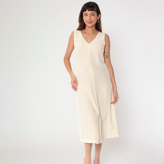 Vintage Cream Slip Dress 80s Semi-Sheer Midi Dress Tank Dress Low Back V Neck Sleeveless 1980s Bohemian Retro A-Line Retro Plain Small S