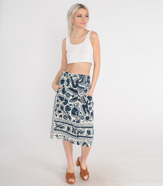 70s Skirt Indian Floral Midi Skirt White Blue High Waisted Abstract Flower Print Summer Pocket Retro Vintage 1970s Campus Casuals Small S