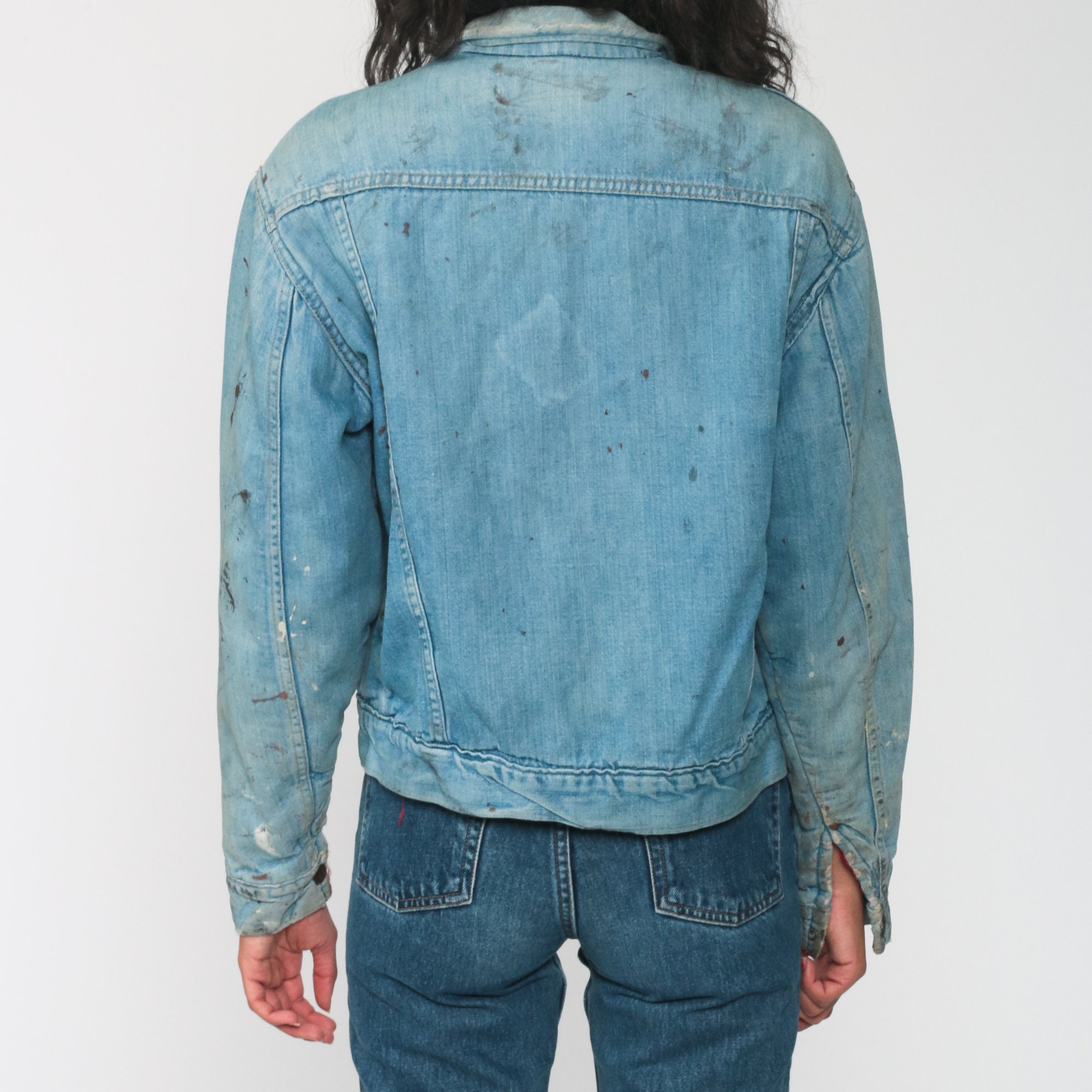 Distressed Denim Jacket 80s Paint Splatter Jean Jacket Blue Trucker