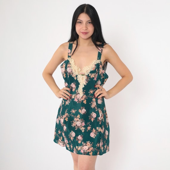 90s Floral Slip Dress Green Satin Chemise Lace Trim & Pink Rosette Lingerie Vintage V Neck Nightgown Mini Sleep Sexy Minidress Medium