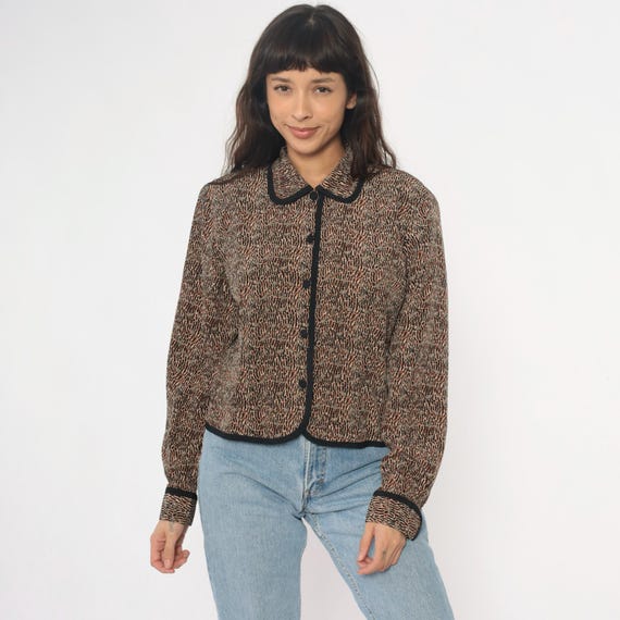Y2K Cropped Jacket Peter Pan Collar Brown Black Trim Abstract Print Long Sleeve Preppy Vintage Collared Blouse Top Mod Style Office Large L