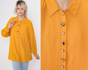Tangerine Blouse 90s Pearl Rosette Button up Shirt Long Sleeve Collared Top Retro Orange Plain Collar Vintage 1990s Oversized Large L