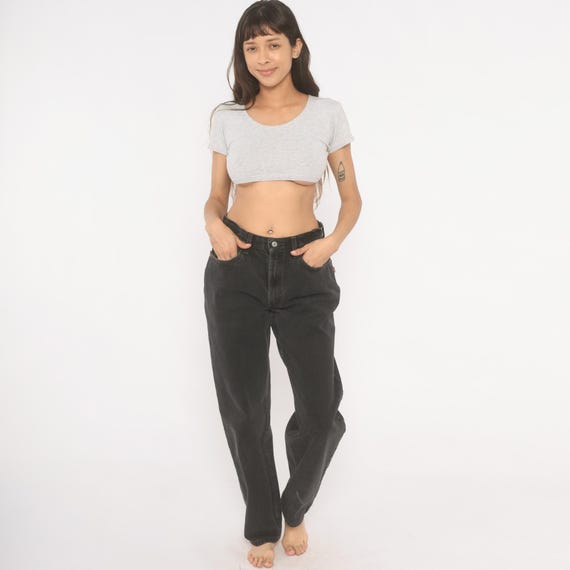 Faded Black Levi 550 Jeans 2000s Relaxed Fit Straight Leg High Waisted Charcoal Denim Mom Jean Dark Gray Tapered Vintage Pants Levis 33 34