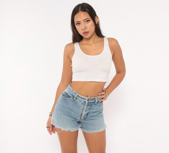 90s Guess Denim Cutoff Shorts Light Wash Jean High Waisted Frayed Hem Cotton Blue Faded Summer Beach Cut Off Short Jeans Vintage Waist 27