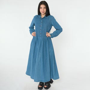 90s Denim Dress Blue Jean Shirtdress Button Up High Waisted Ankle Length Maxi 1990s Vintage Retro Long Sleeve Cotton Small 6