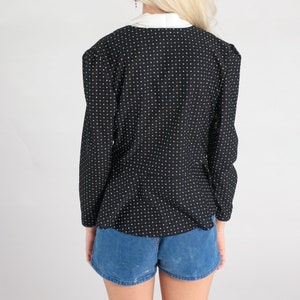 Polka Dot Blouse 80s Double Breasted Black Top Button Up Shirt Blouse Long Sleeve Vintage 1980s Blazer Top V Neck White Medium 8 image 7