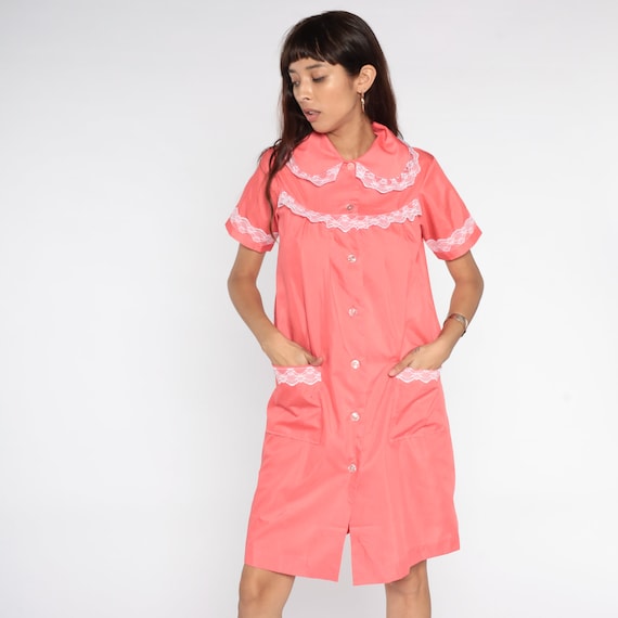 60s House Dress PINK Lace Day Dress Loungewear Bo… - image 2