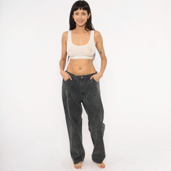 Faded Black Dickies Jeans 2000s Charcoal Denim Straight Leg Workwear Pants Relaxed Fit Cotton Dark Wash Grunge Streetwear Trousers 38 x 32