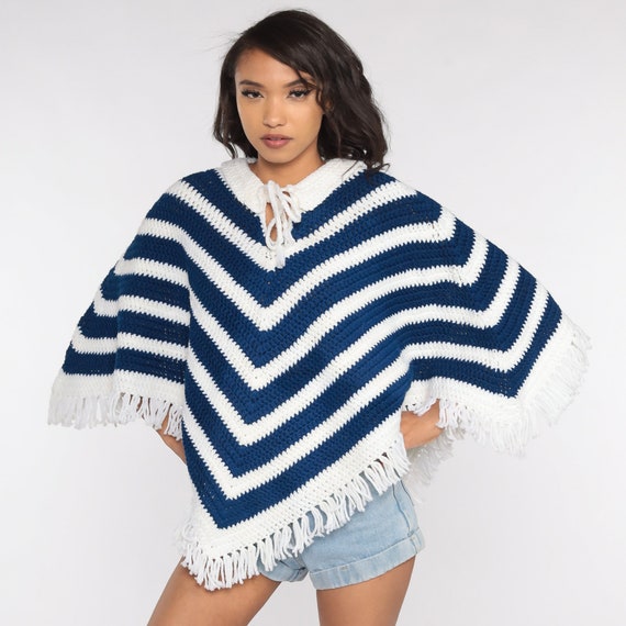 Hippie Poncho 70s FRINGE Shawl White Blue Boho Striped Knit Cape Blanket 1970s Bohemian Vintage Festival Small Medium Large