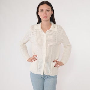 70s Openwork Cardigan Sheer White Pointelle Bohemian Sweater Button Up 1970s Vintage Open Weave Sheer Pocket Boho vtg Nerd Grandma Medium