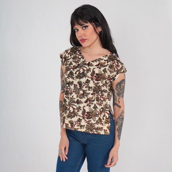 Paisley Floral Top 70s Hippie Blouse Retro Cap Sleeve Summer Shirt V Neck Bohemian Pattern Loose Flowy Cream Vintage 1970s Medium M