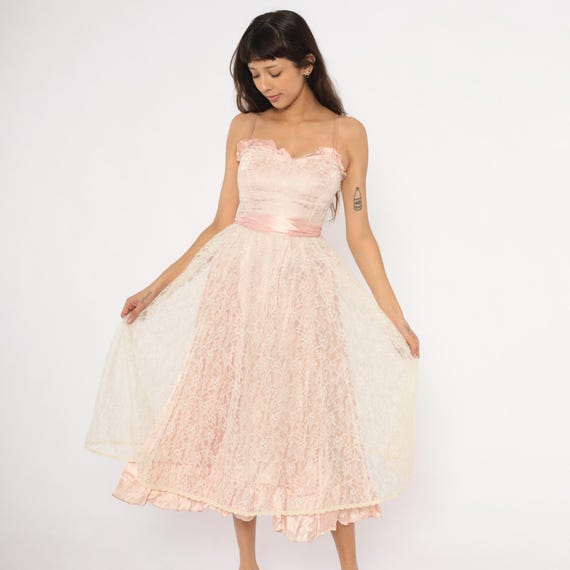 60s Pink Lace Dress Blush Satin Sweetheart Neckline Ruffle Trim Bow Back Rose Coquette Balletcore Party Gown Cream Vintage Extra Small XS