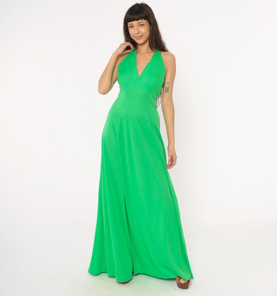 70s Green Halter Dress Deep V Neck Tie Waist Disco Queen Garden Party Gown Summer Spring Cocktail Evening Bright 1970s Lime Vintage Medium M