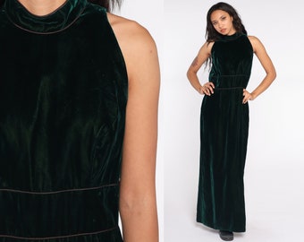 Velvet Maxi Dress 60s 70s Green Party Dress Mod Bow Dress Cocktail 60s Vintage High Waist Gothic Sleeveless 1970s Goth Small Medium