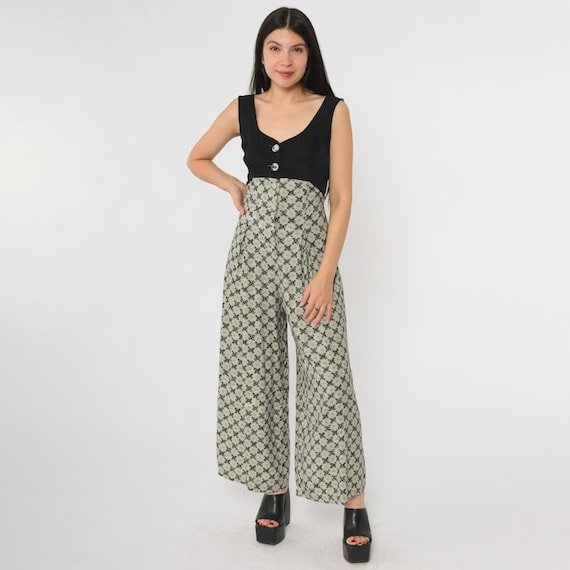 Floral Jumpsuit 90s Black Gray Pattern Print Wide Leg Palazzo Pants Cottagecore Dark Academia Aesthetic Vintage Small S Medium M