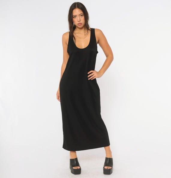 90s Black Dress Sleeveless Tank Column Stretch Minimalist Back Slit Sheath Corporate Soft Goth Vampy Evening Grunge Womens Vintage Medium M