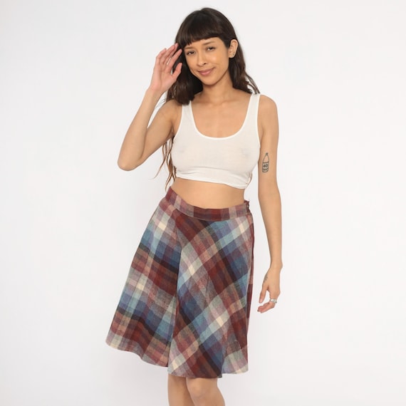 Plaid Wool Skirt 80s Bias Cut Circle Purple Burgundy Blue Checkered Flared High Waist Vintage Academia Preppy Tartan School Girl Medium M