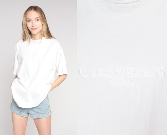 Guess Jeans T-Shirt Y2K White Embroidered Logo Ts… - image 1
