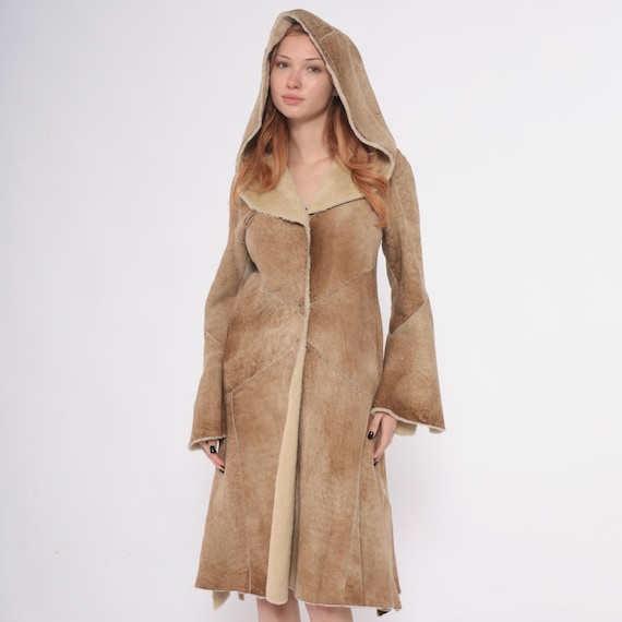 Suede Lambskin Coat 90s Tan Shearling Hooded Brown Long Maxi Princess Winter Jacket Warm Camel Beige Vintage Duster Medieval Witchy Small S