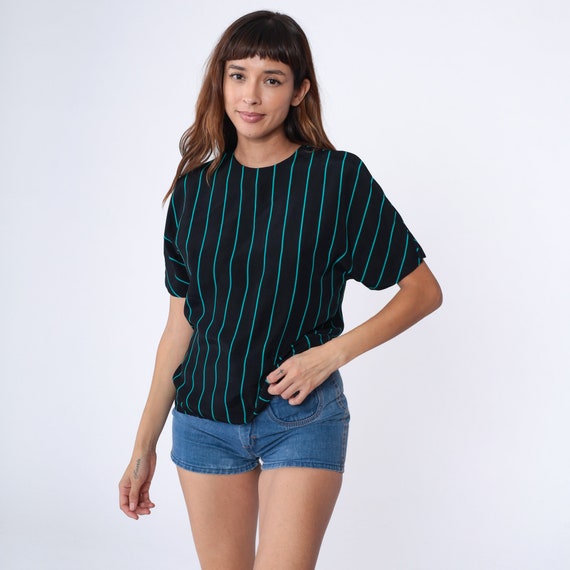 80s Top Black Striped Shirt Turquoise Blue Shirt … - image 2