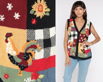 Patchwork Sweater Vest Top 90s Country Rooster Vest Plaid Button Up Top Knit Floral Retro Sleeveless 1990s Vintage Button Up Medium