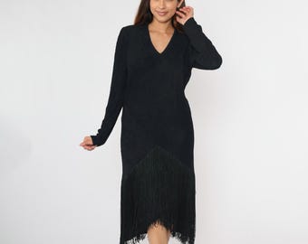 Sukienka vintage z frędzlami w kolorze czarnym, lata 80. i 90., sukienka midi na imprezę, sukienka wieczorowa Glam, sukienka koktajlowa, długi rękaw, dekolt w serek, prążkowana, formalna, klubowa, lata 80., duża, rozmiar L