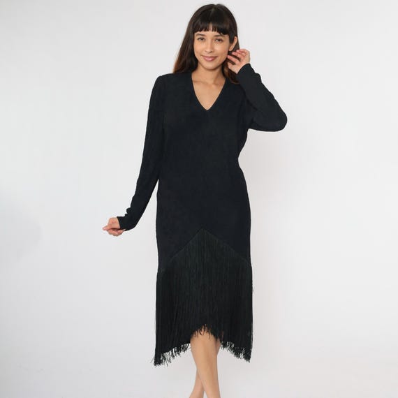 Vintage Black Fringe Dress 80s 90s Party Midi Dress Glam Going Out Dress Cocktail Long sleeve V Neck Ribbed Formal Club 1980s Large L