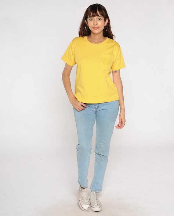 Yellow Pocket Tee 90s Embroidered Crest T Shirt Retro Plain TShirt Solid T-Shirt Minimalist Top Basic Streetwear Cotton Vintage 1990s Small