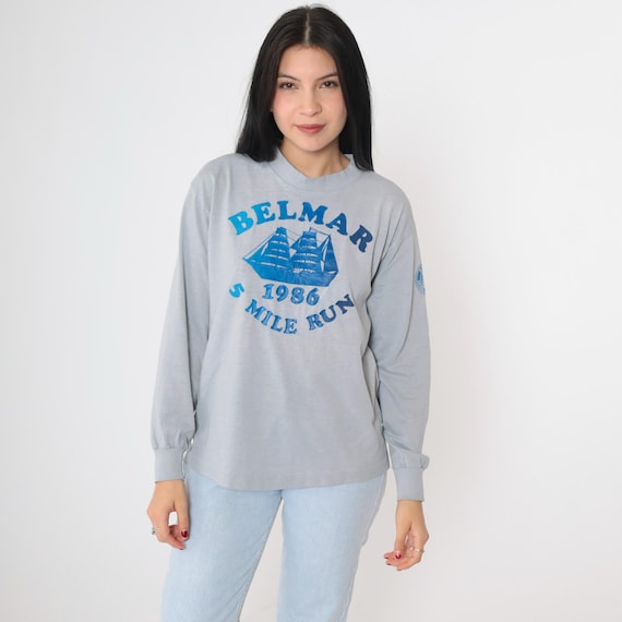 Vintage Belmar 5 Mile Run Shirt 1986 Long Sleeve Graphic Tee 80s New Jersey Running Shirt Retro T Shirt Grey Sailboat Ship Medium Large