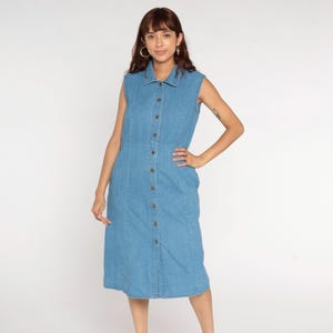 Vintage Denim Button Up Dress Jean Jumper Midi 90s Y2K Grunge Overall Dress Blue Collared Pinafore Sleeveless High Waist Medium Large