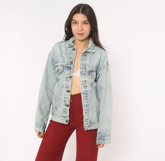 Acid Wash Levi's Denim Jacket 80s Trucker Jean Coat Distressed Collar Stone Washed Light Blue Cotton Grunge Vintage Unisex Extra Small XS