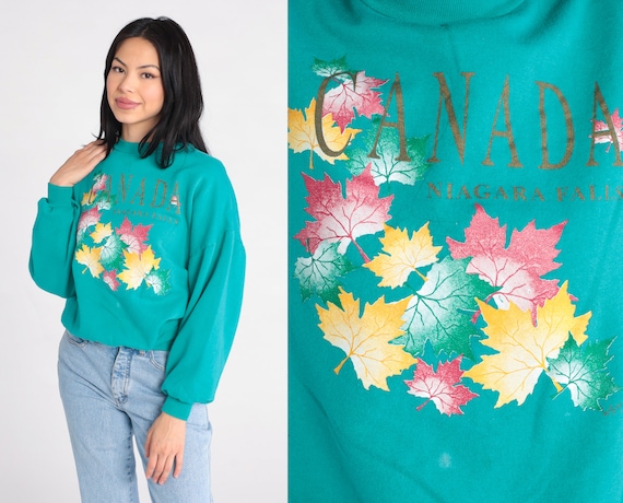 90s Niagara Falls Sweatshirt Green Canada Sweatshirt Maple Leaf Fall Pullover Sweater 1990s Slouchy Vintage Oversized Small
