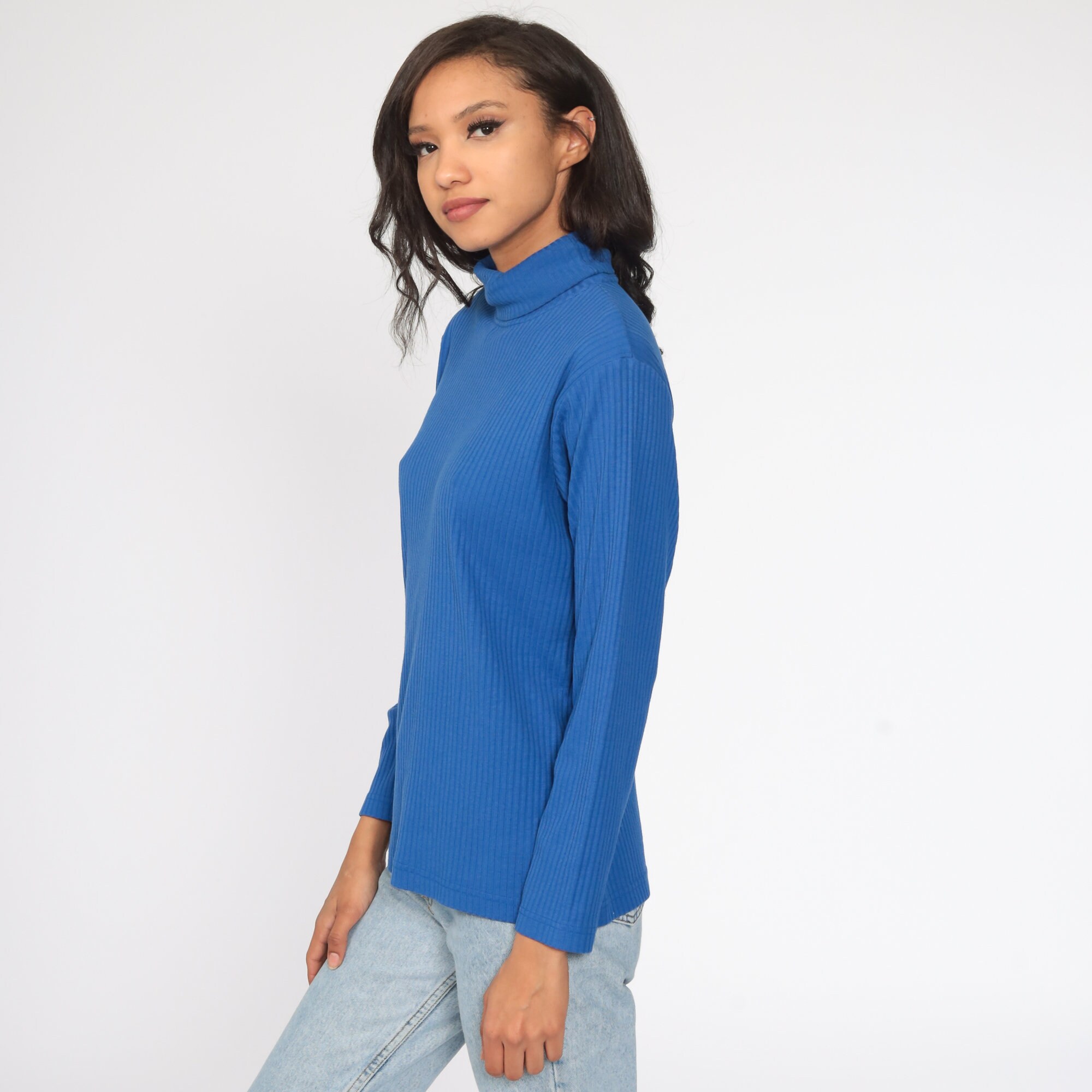 Turtleneck Shirt Blue Shirt 80s Top Long Sleeve Shirt 1980s Etsy